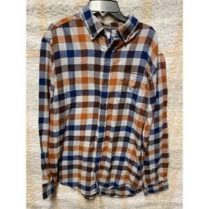 Croft & Barrow Flannel Shirt Men M Brick Blue Brown Plaid Grunge Lumberjack